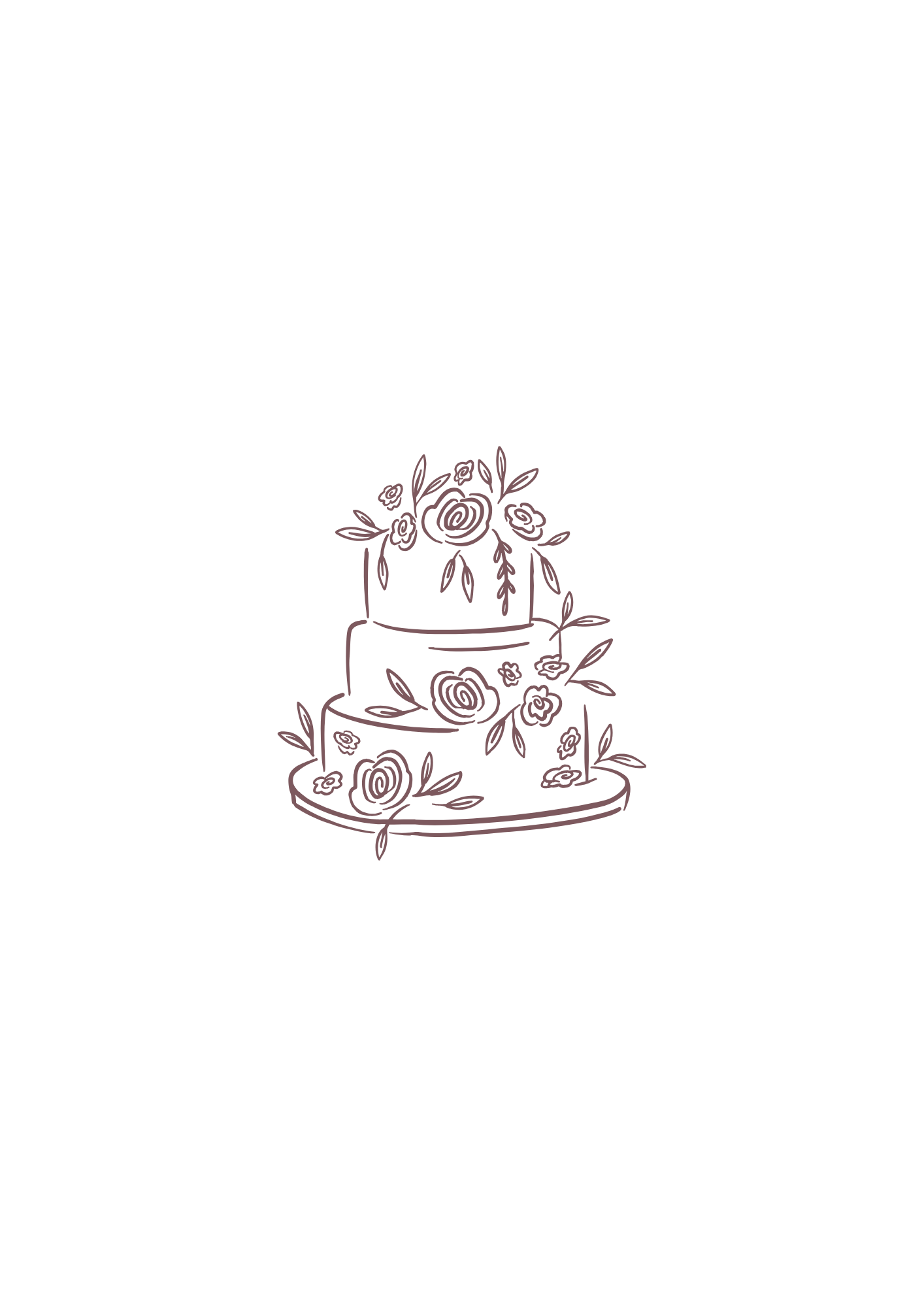 Delicate line art illustration of a three-tiered wedding cake adorned with roses and leaves.