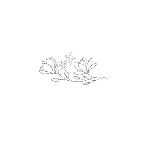 Delicate line art illustration of tropical flowers and starfish on white background.