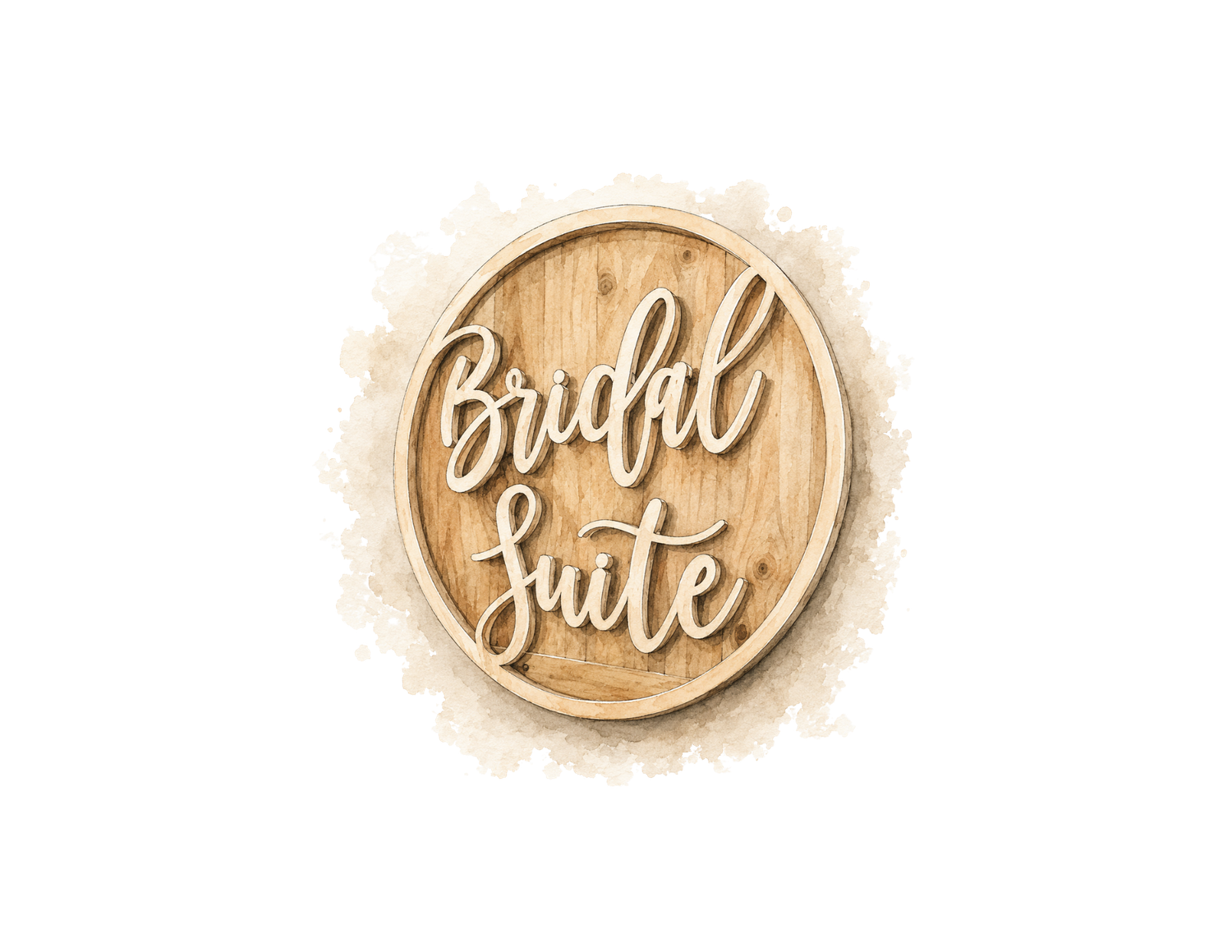 Rustic wooden circular Bridal Suite sign with script lettering.