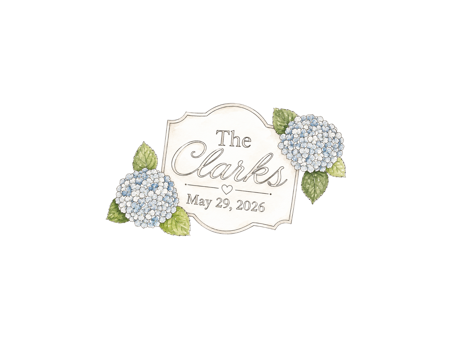 Watercolor wedding logo with blue hydrangeas for The Clarks, May 29, 2025.