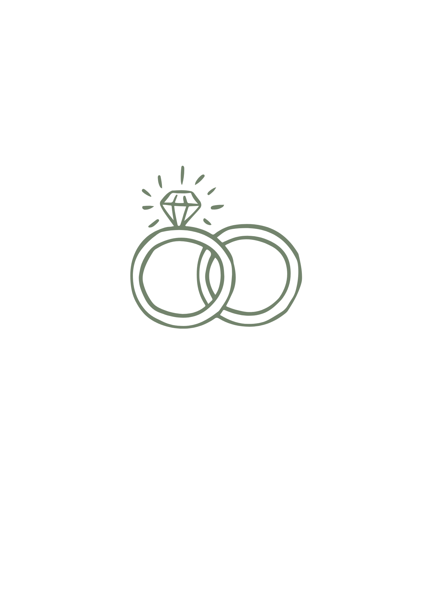 Minimalist line art illustration of interlocked wedding rings with a sparkling diamond.