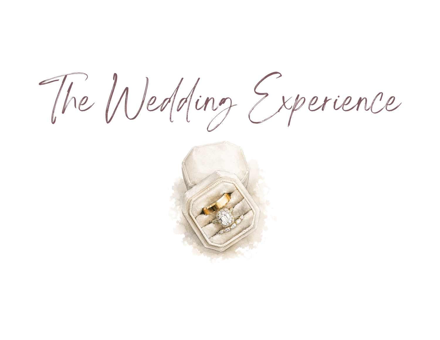 Wedding rings displayed on a white fabric flower with elegant script reading The Wedding Experience.