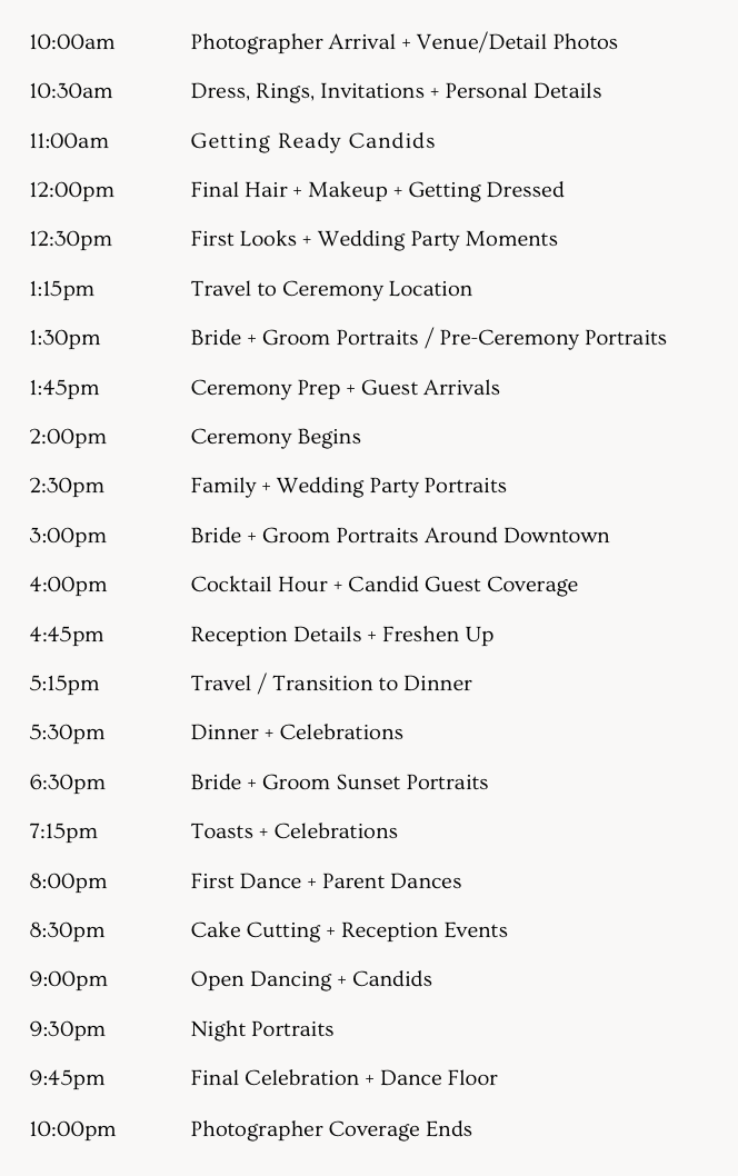 Wedding photography timeline schedule listing events from 10am photographer arrival to 10pm coverage end.
