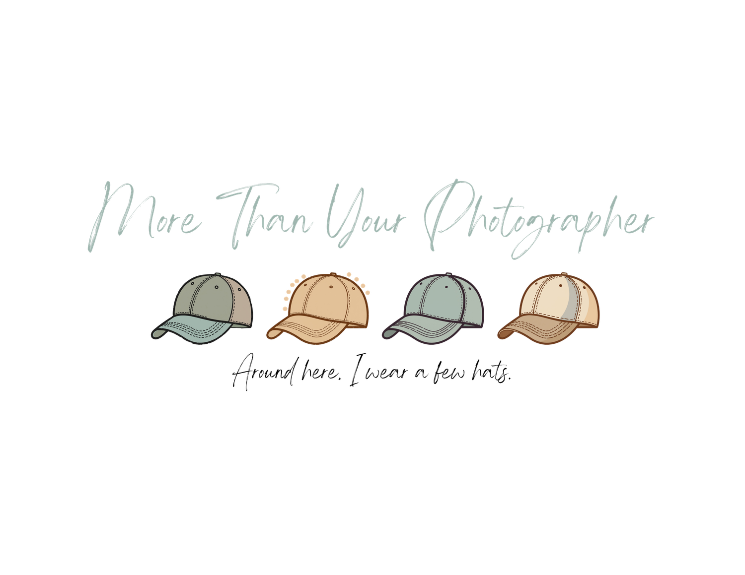 More Than Your Photographer branding logo featuring four colorful illustrated baseball caps.
