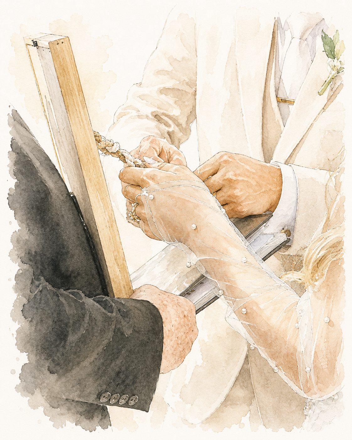 Watercolor painting of hands exchanging wedding rings during ceremony.