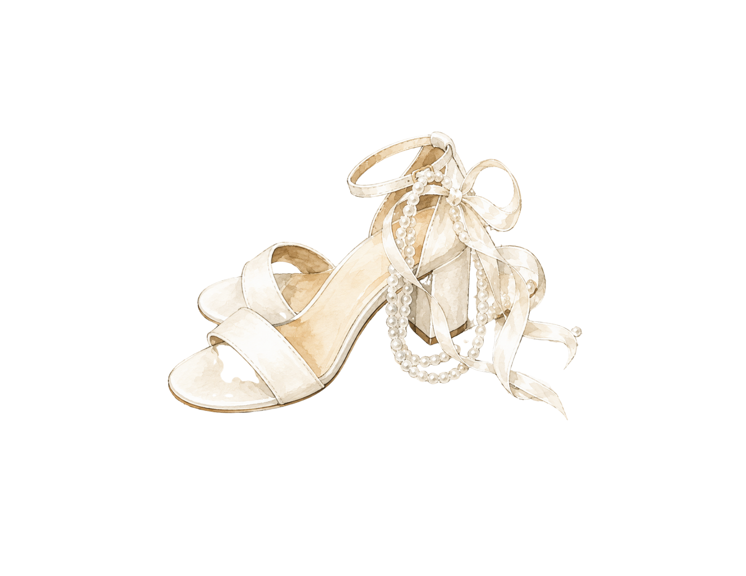 Elegant ivory bridal heeled sandals with lace-up ribbon and pearl embellishments.