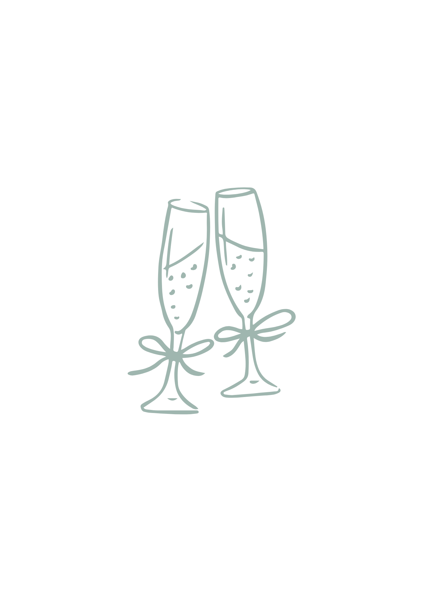Elegant line drawing illustration of two champagne flutes with bows for a wedding celebration.