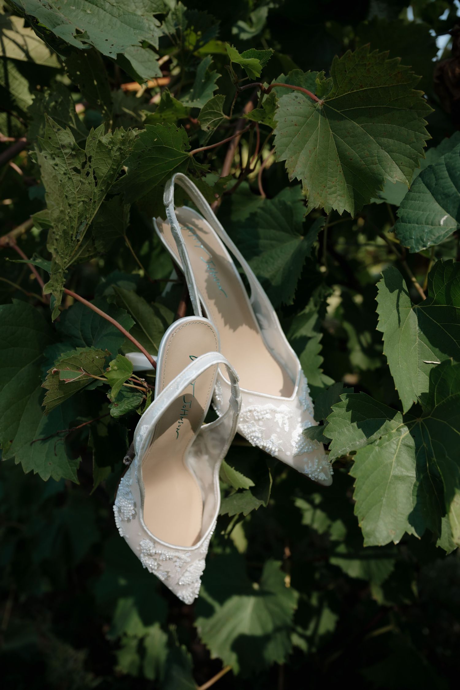 Elegant white lace bridal shoes displayed against a backdrop of lush green grapevine leaves.