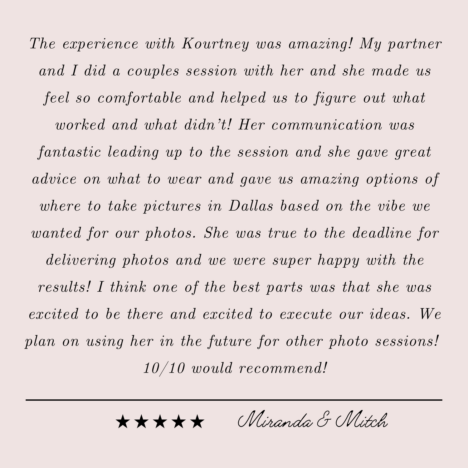 Wedding photography review praising excellent communication and comfortable photo session experience.