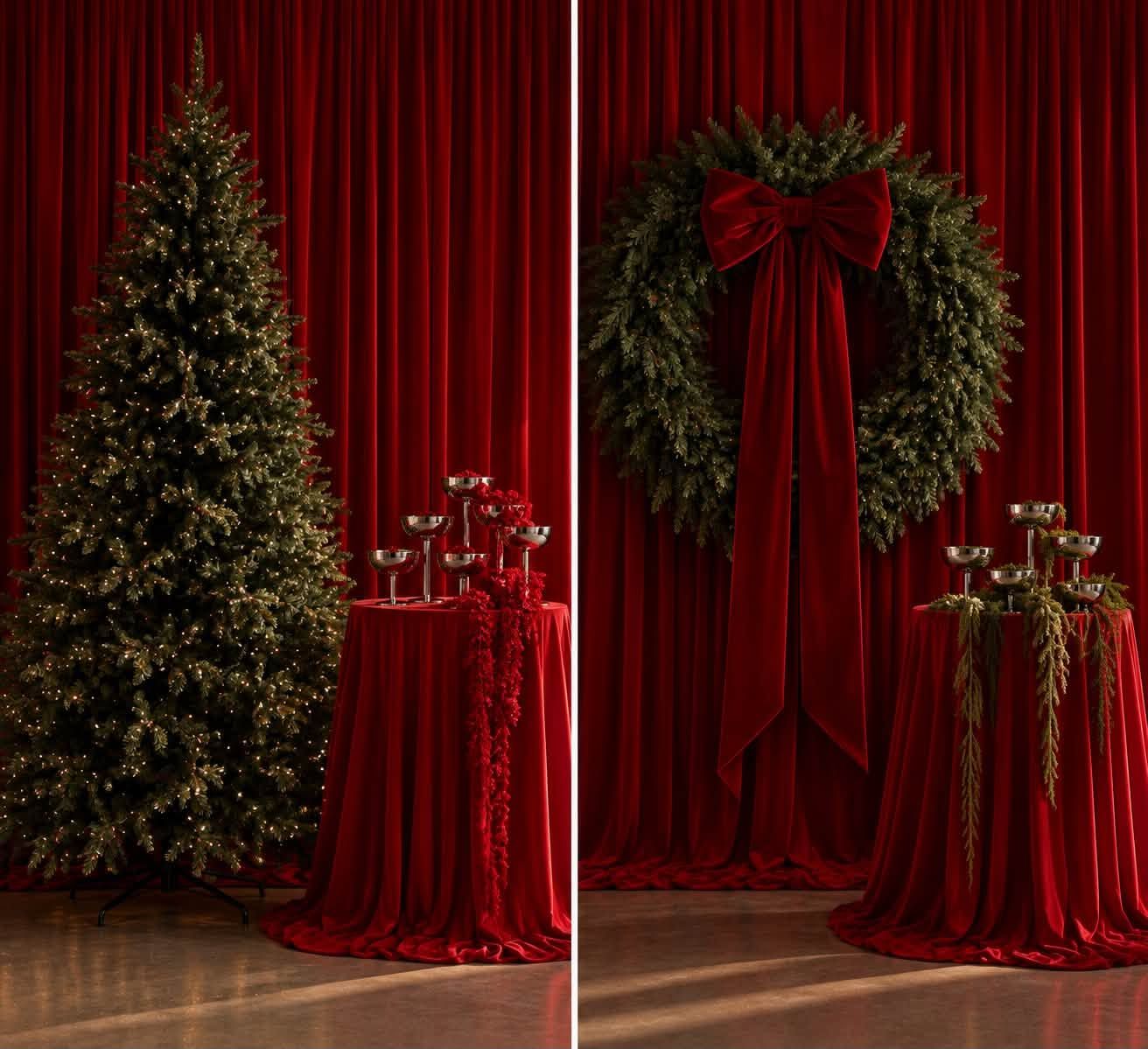 Elegant Christmas display with red velvet drapes, decorated tree, wreath with bow, and candle centerpiece on draped table.