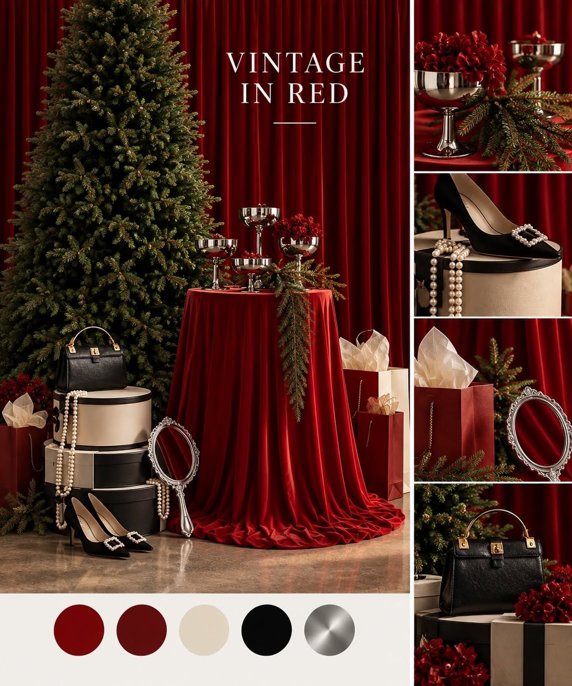 Vintage in Red holiday mood board featuring velvet tablecloth, Christmas tree, black accessories, and gifts.