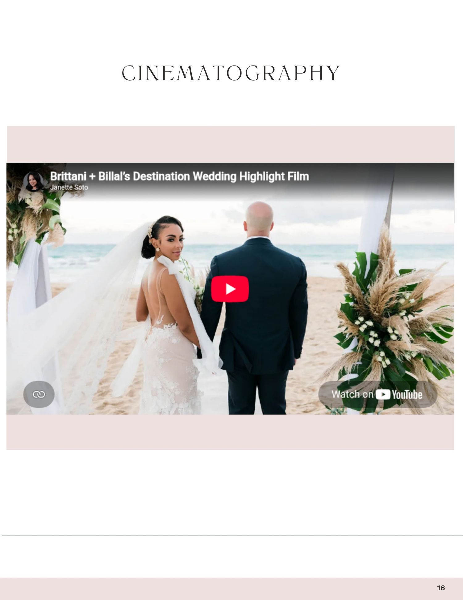 YouTube thumbnail of Brittani and Billal's destination wedding highlight film showing couple on beach.
