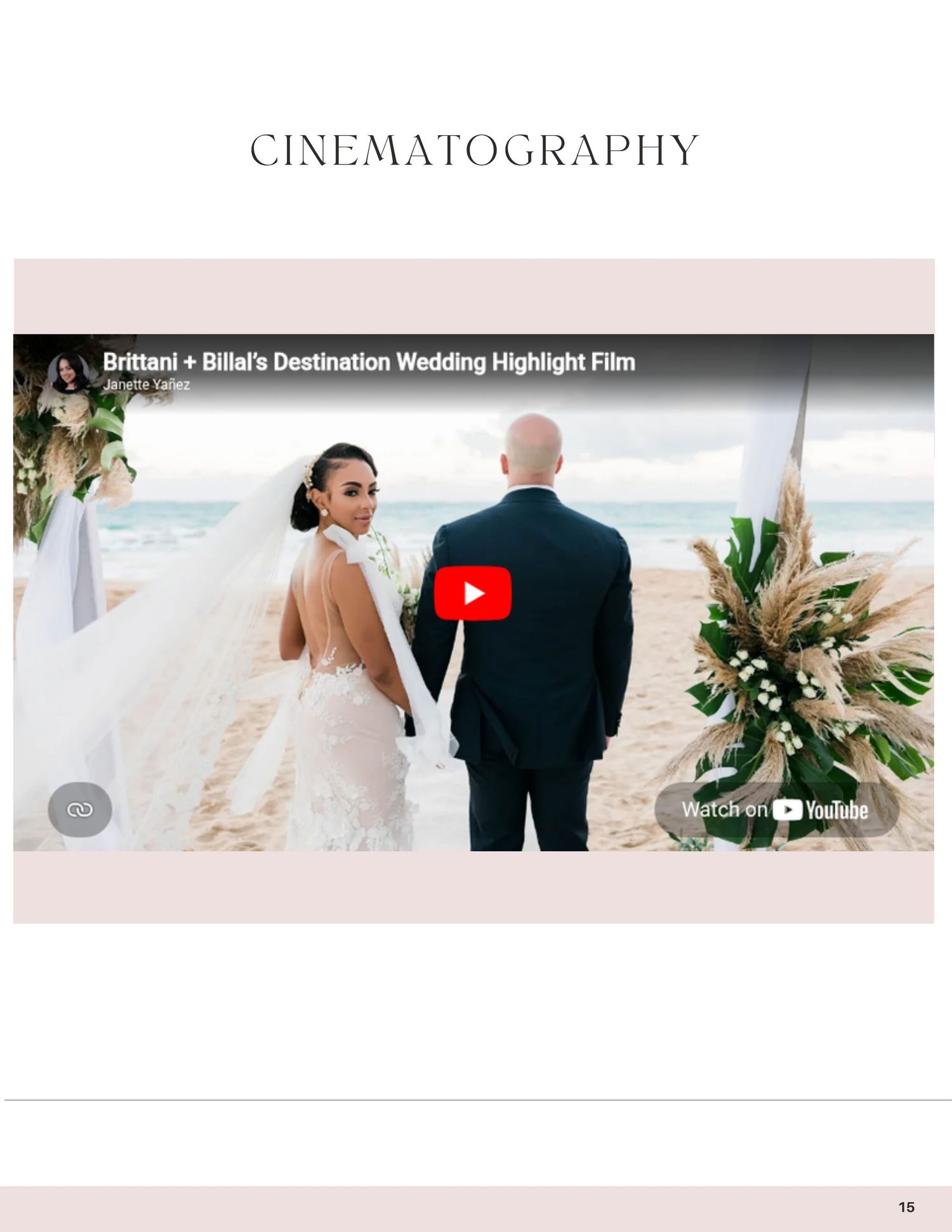 Brittani and Billal destination wedding highlight film thumbnail showing couple holding hands on beach.