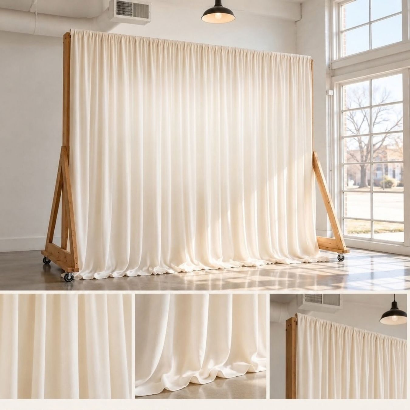 Elegant cream wrinkle-free backdrop curtain on wooden stand with wheels, perfect for weddings and events.