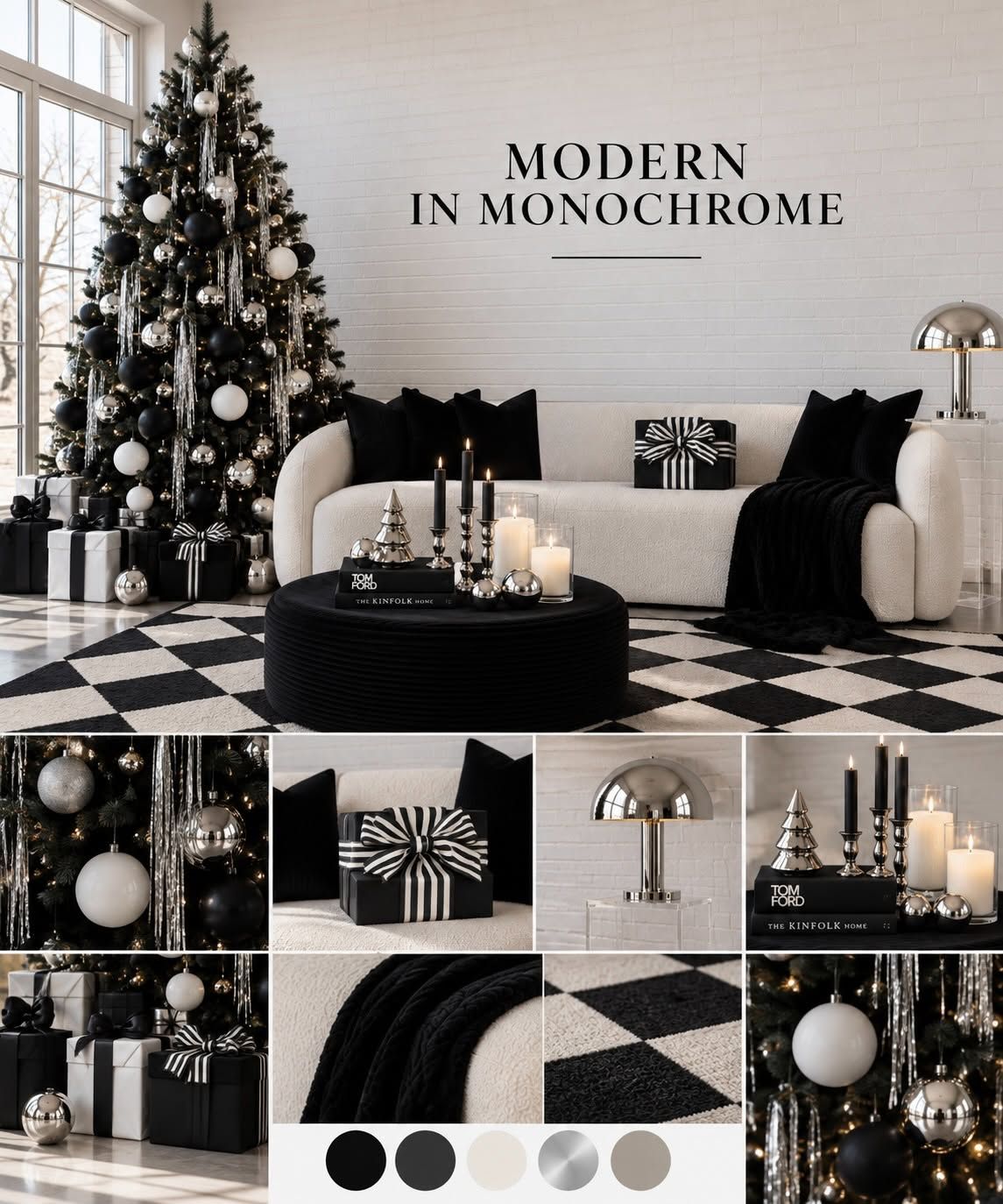 Modern monochrome Christmas living room with black and white decor, checkered floor, decorated tree, and elegant silver accents.