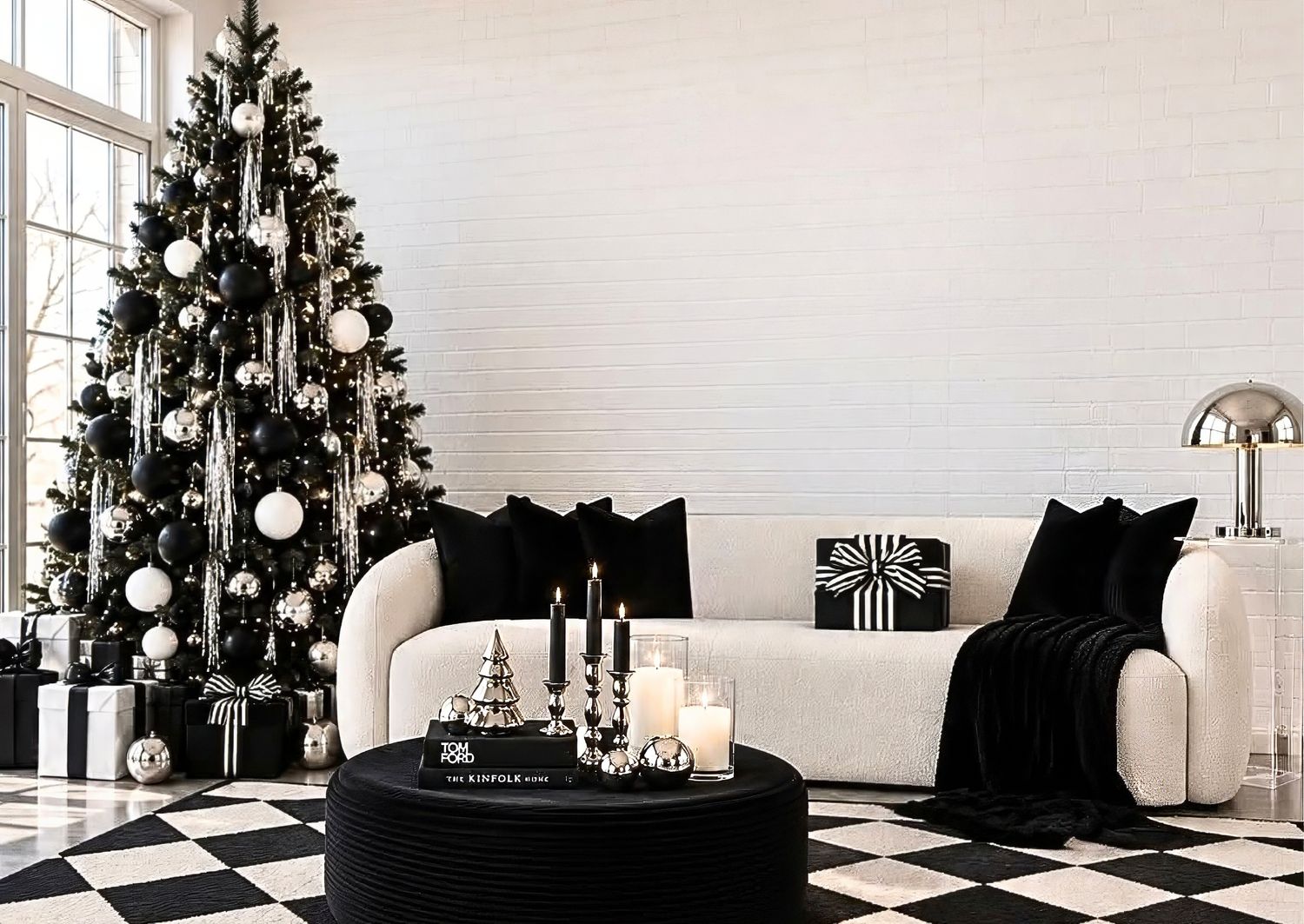 Black and white Christmas living room with decorated tree, white sofa, black pillows, candles, and checkered floor.