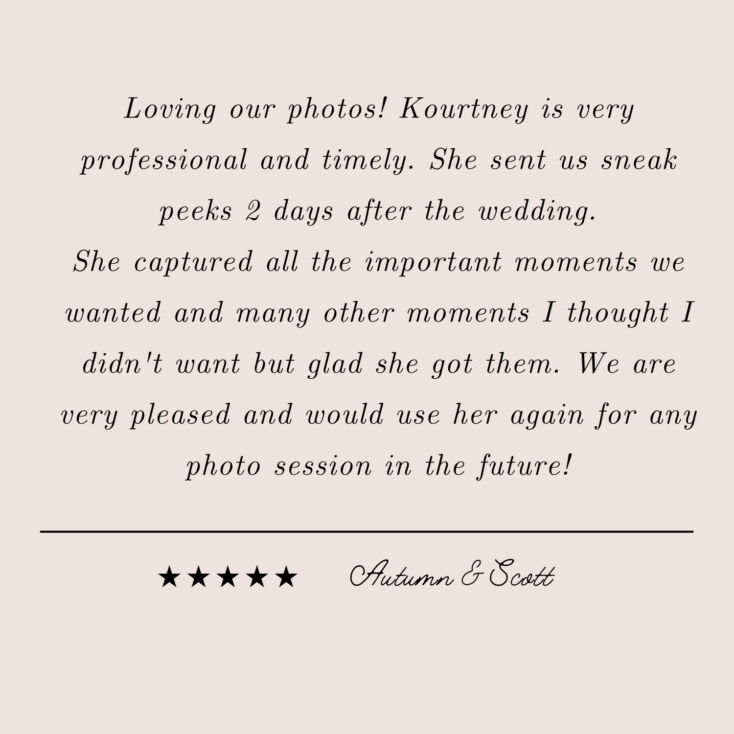 Wedding photography review praising quick delivery of preview photos and comprehensive coverage.