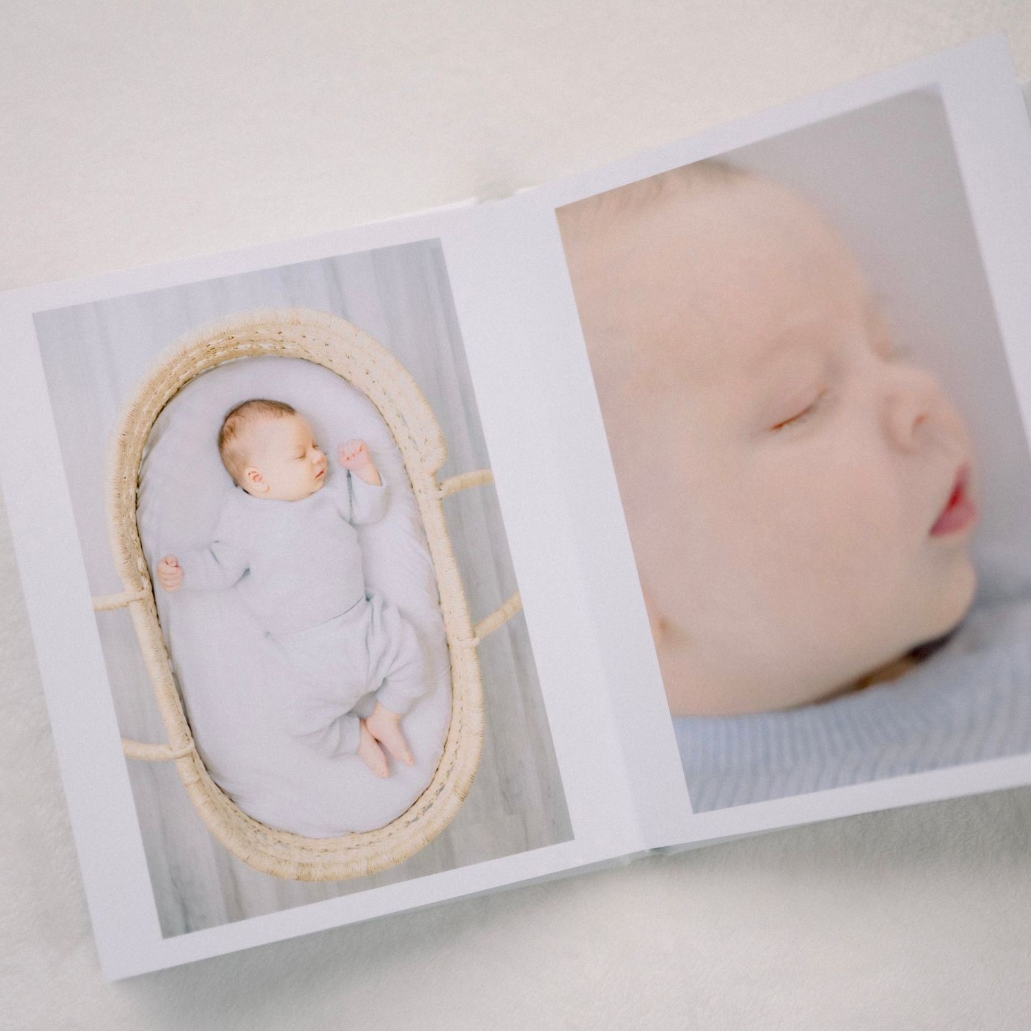 A series of artistic newborn photography portraits showing soft details and textures against light backgrounds.