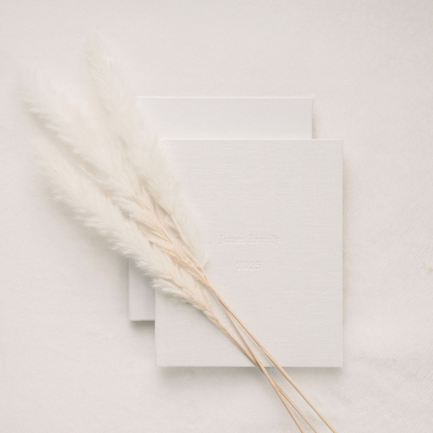 Minimalist white business cards with dried pampas grass arranged on a light marble surface.