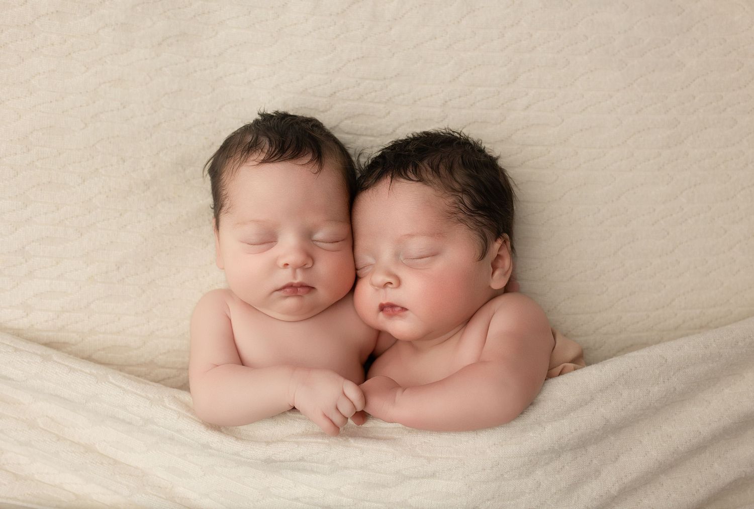 Newborn twin sisters hold hands as they snuggle together against a simple, neutral backdrop, captured by Charlottesville baby photographer.