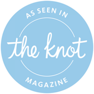 Light blue circular badges reading 'as seen in magazine' and 'the knot' arranged in a horizontal row.