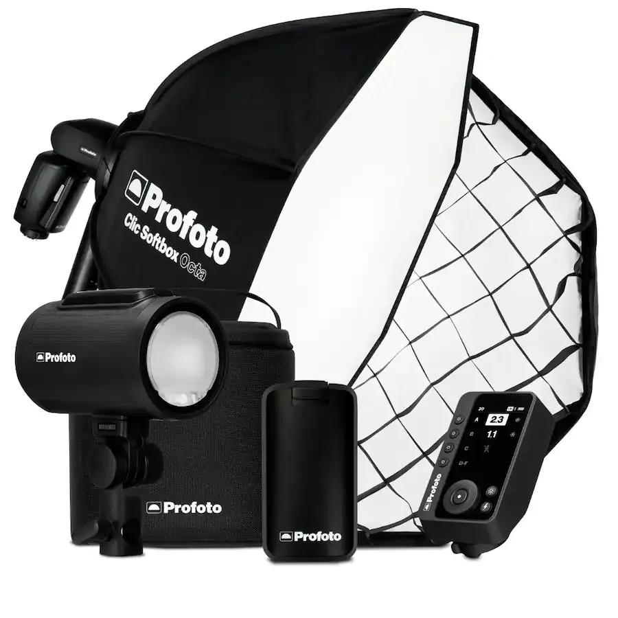 Professional studio setup with Profoto B10 plus strobes and OCF softboxes for high-end commercial portraits at J Sanchez Photography.