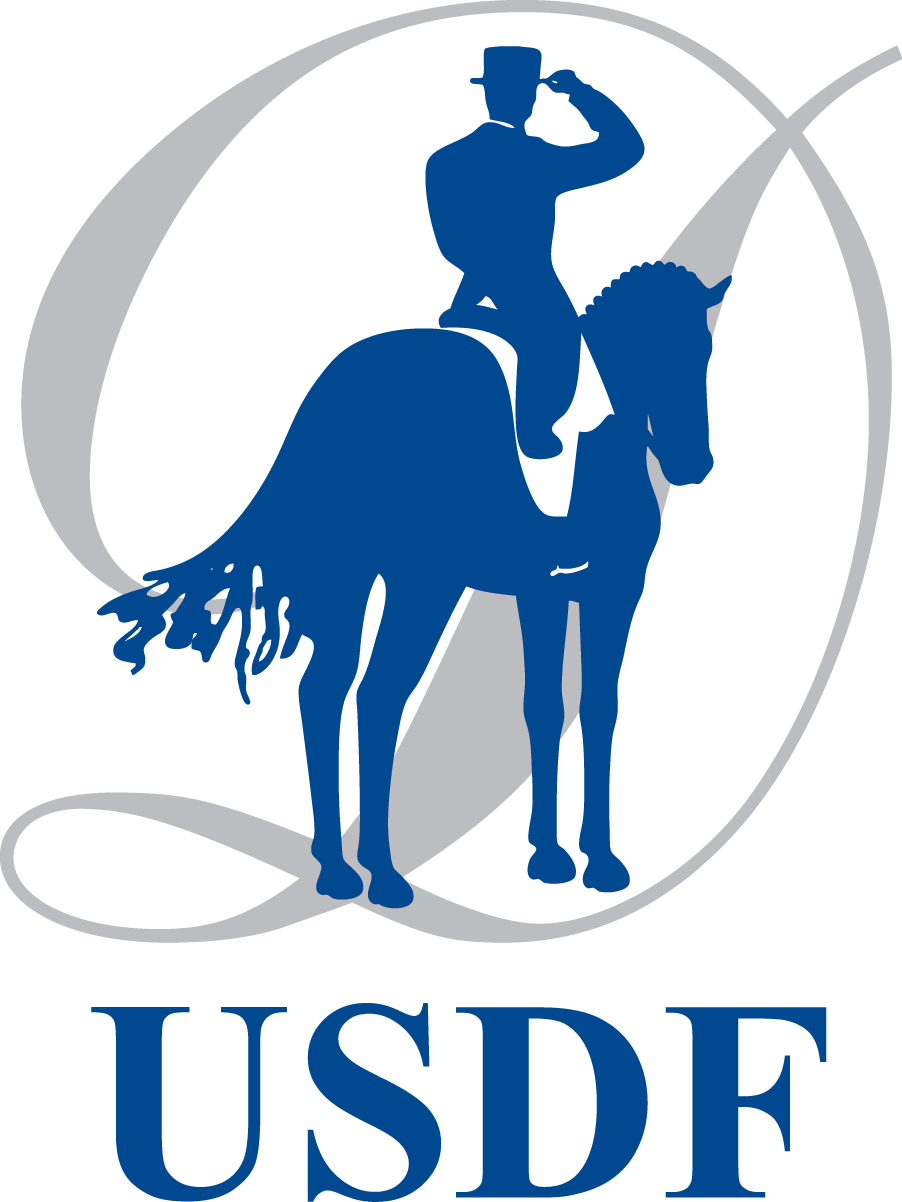 USDF logo featuring a blue silhouette of a dressage rider on horseback with a decorative D and bold USDF text.