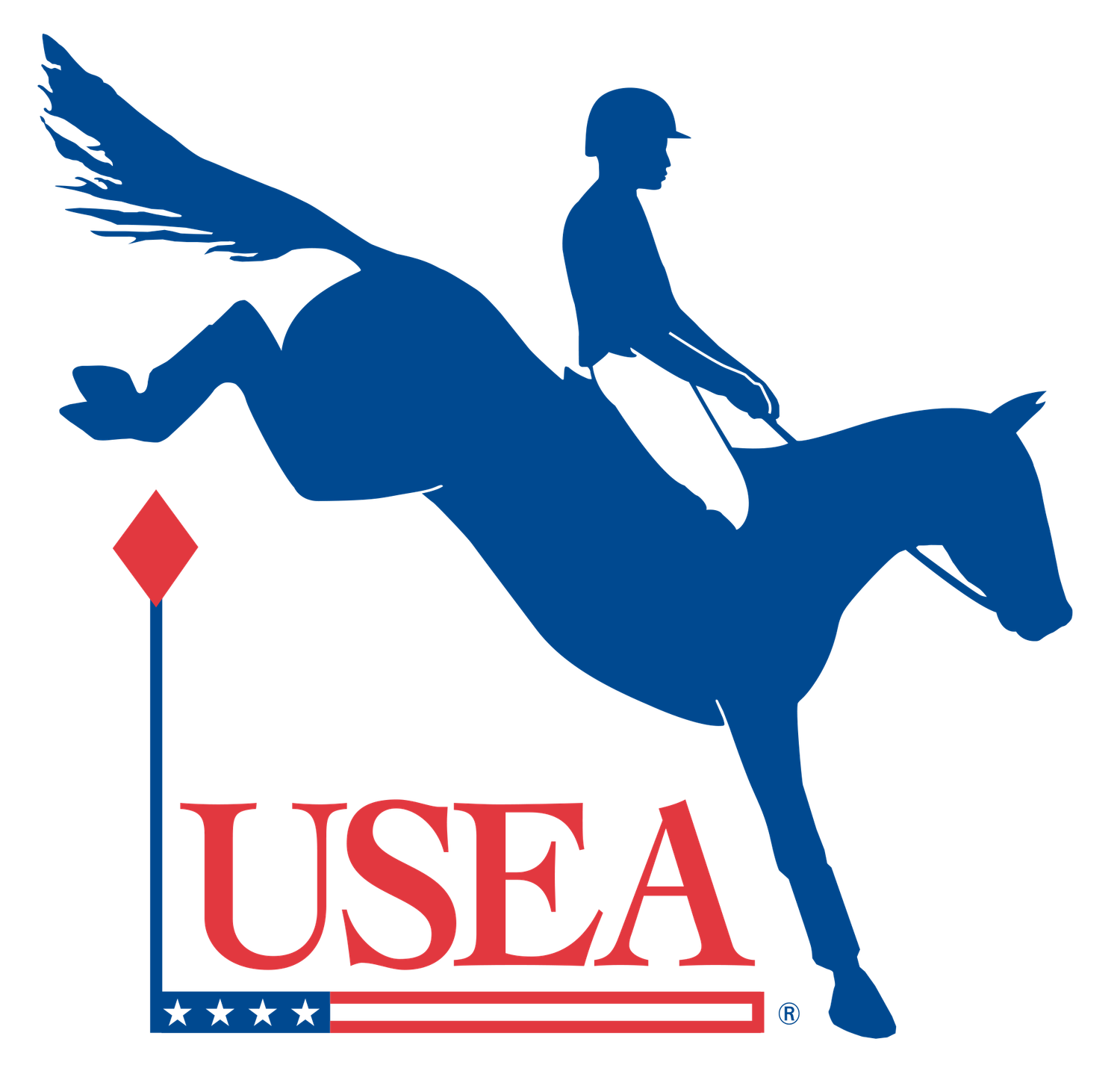 USEA logo featuring a blue silhouette of a horse and rider jumping, with bold red USEA text and patriotic banner.