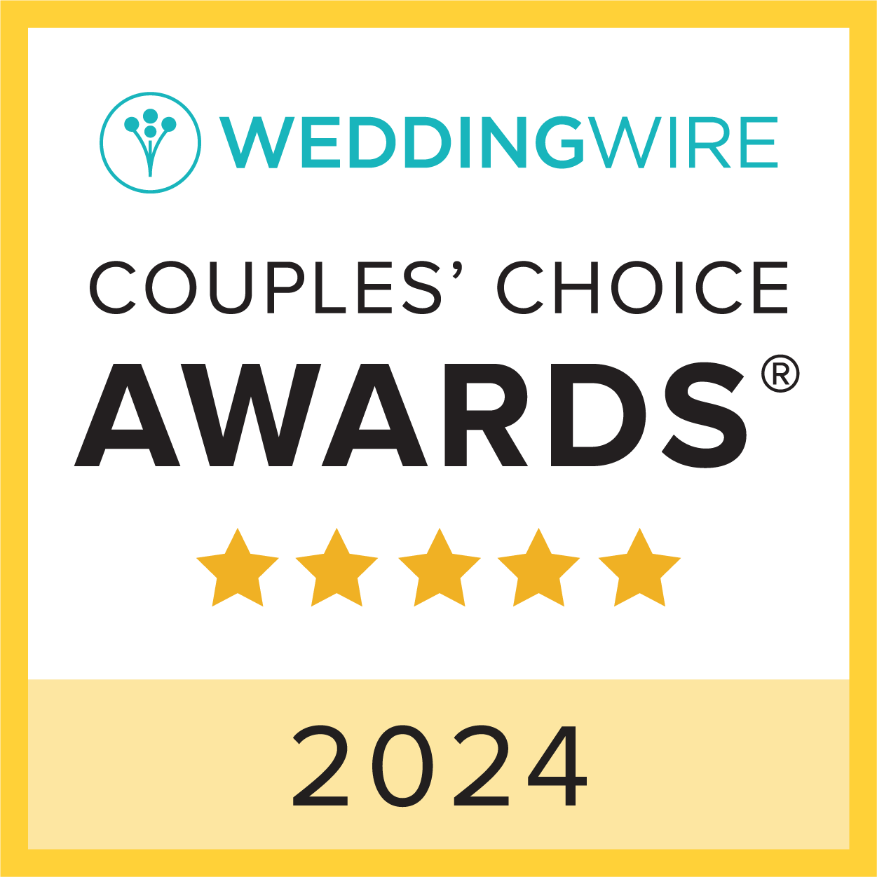 WeddingWire Couples Choice Awards 2024 logo with five gold stars on yellow background.