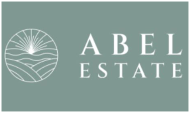 Abel Estate logo featuring a circular emblem with rolling hills and sunburst design on a sage green background.