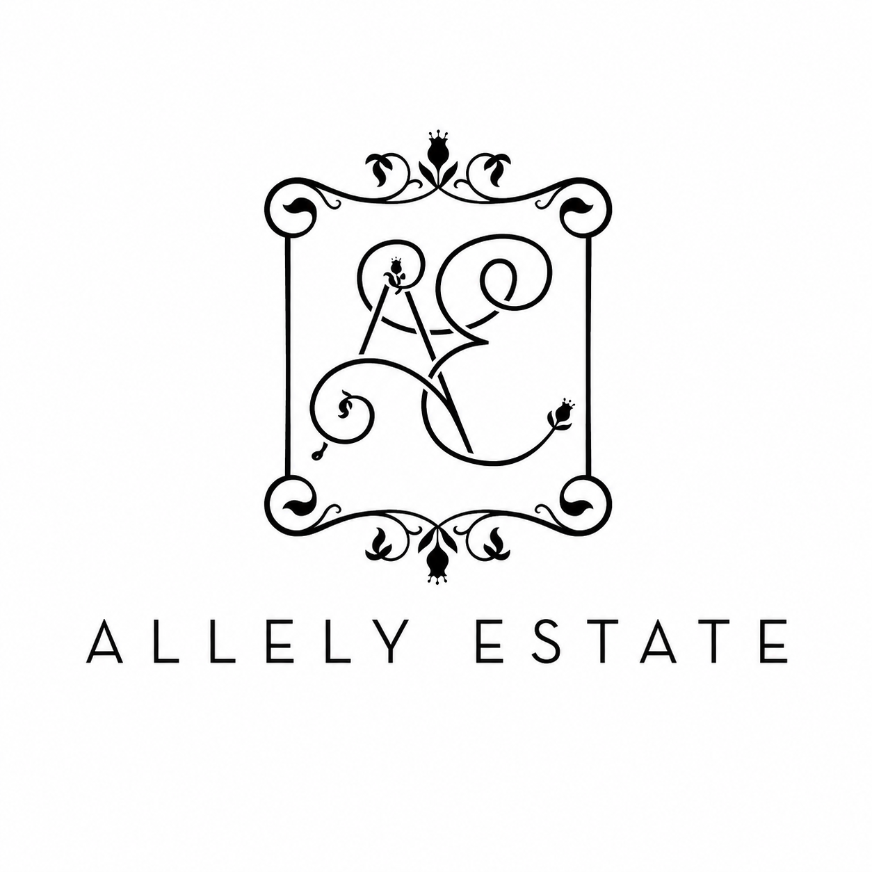 Elegant black and white logo for Allely Estate featuring ornate monogram letters in a decorative floral frame.