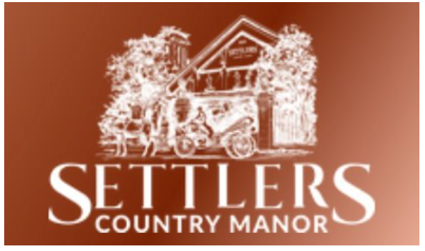 Settlers Country Manor logo featuring a rustic barn scene with horse and carriage on a warm brown background.