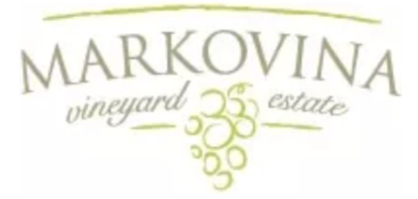 Markovina Vineyard Estate logo featuring elegant text and decorative grape cluster illustration in olive green.