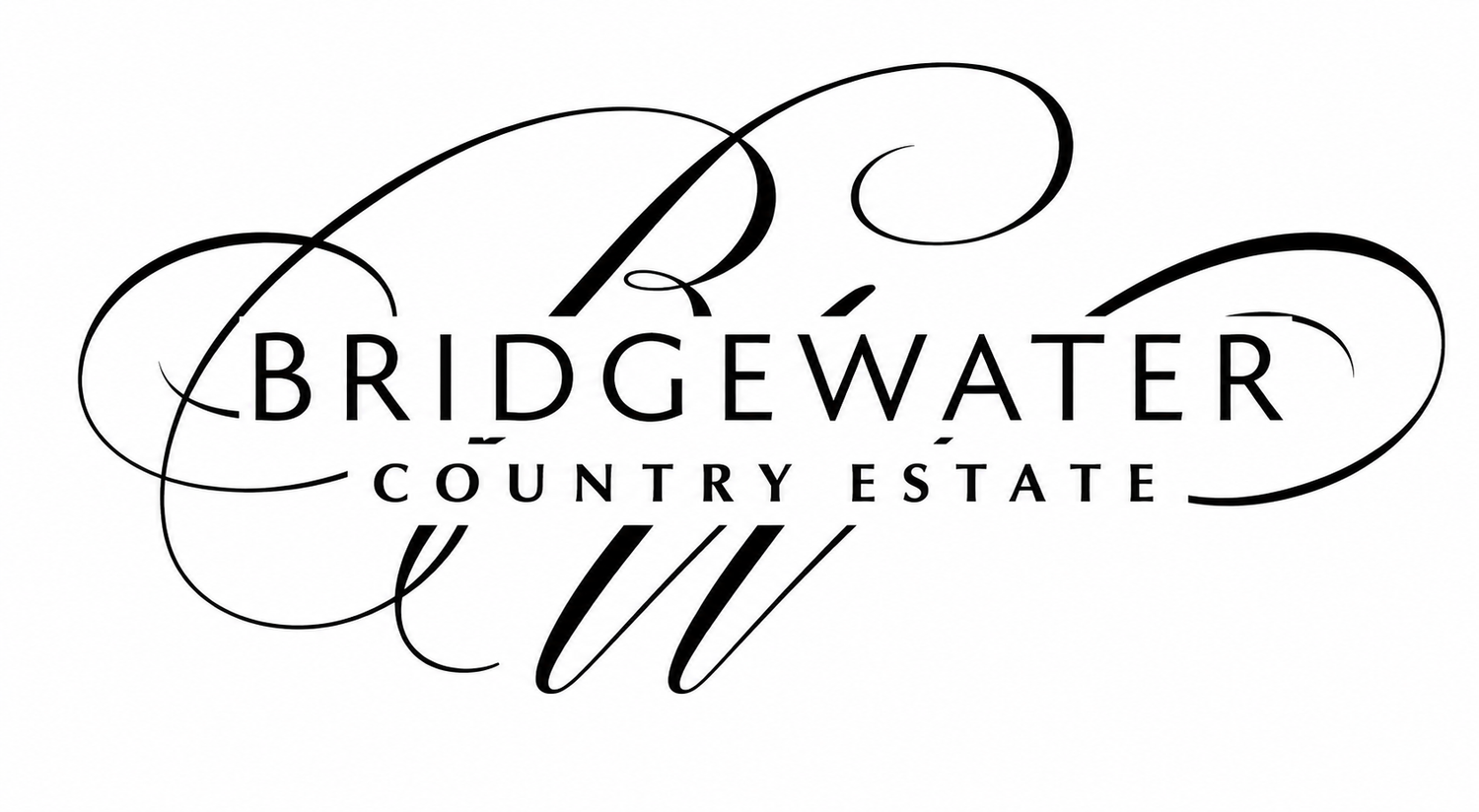 Bridgewater Country Estate elegant black and white logo with decorative script lettering and ornate calligraphy design.