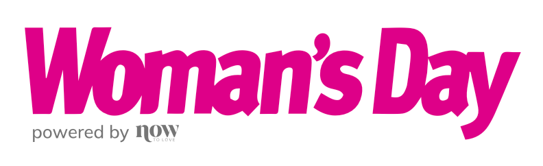 Woman's Day magazine logo with pink text on a white background, powered by Now.