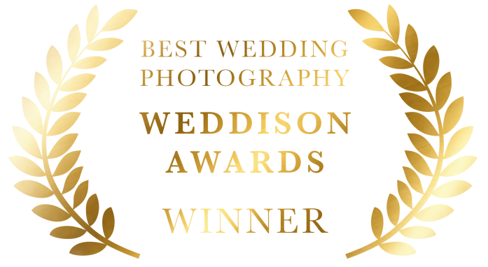 Gold laurel wreath badge reading Best Wedding Photography Weddison Awards Winner.
