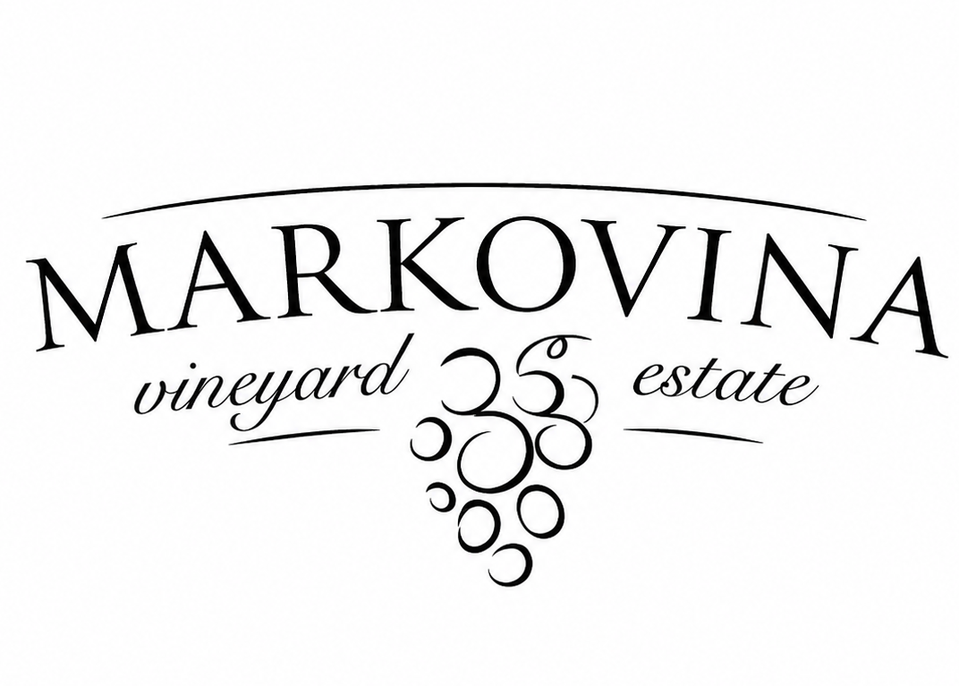 Black and white logo for Markovina Vineyard Estate featuring elegant typography and a decorative grape cluster illustration.