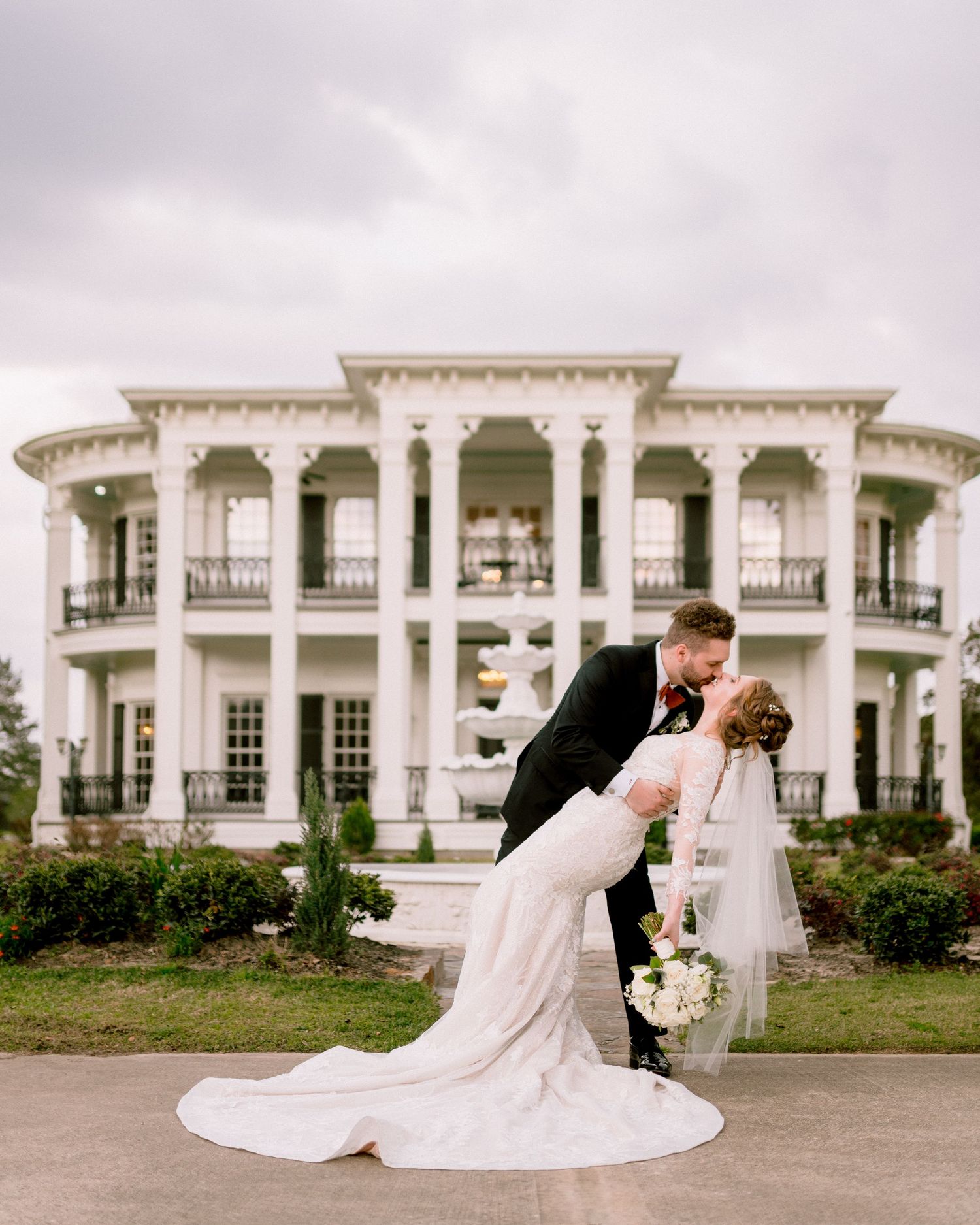 A series of intimate wedding portraits captured against a grand white colonial-style mansion backdrop. Tampa Bay Wedding Photographer