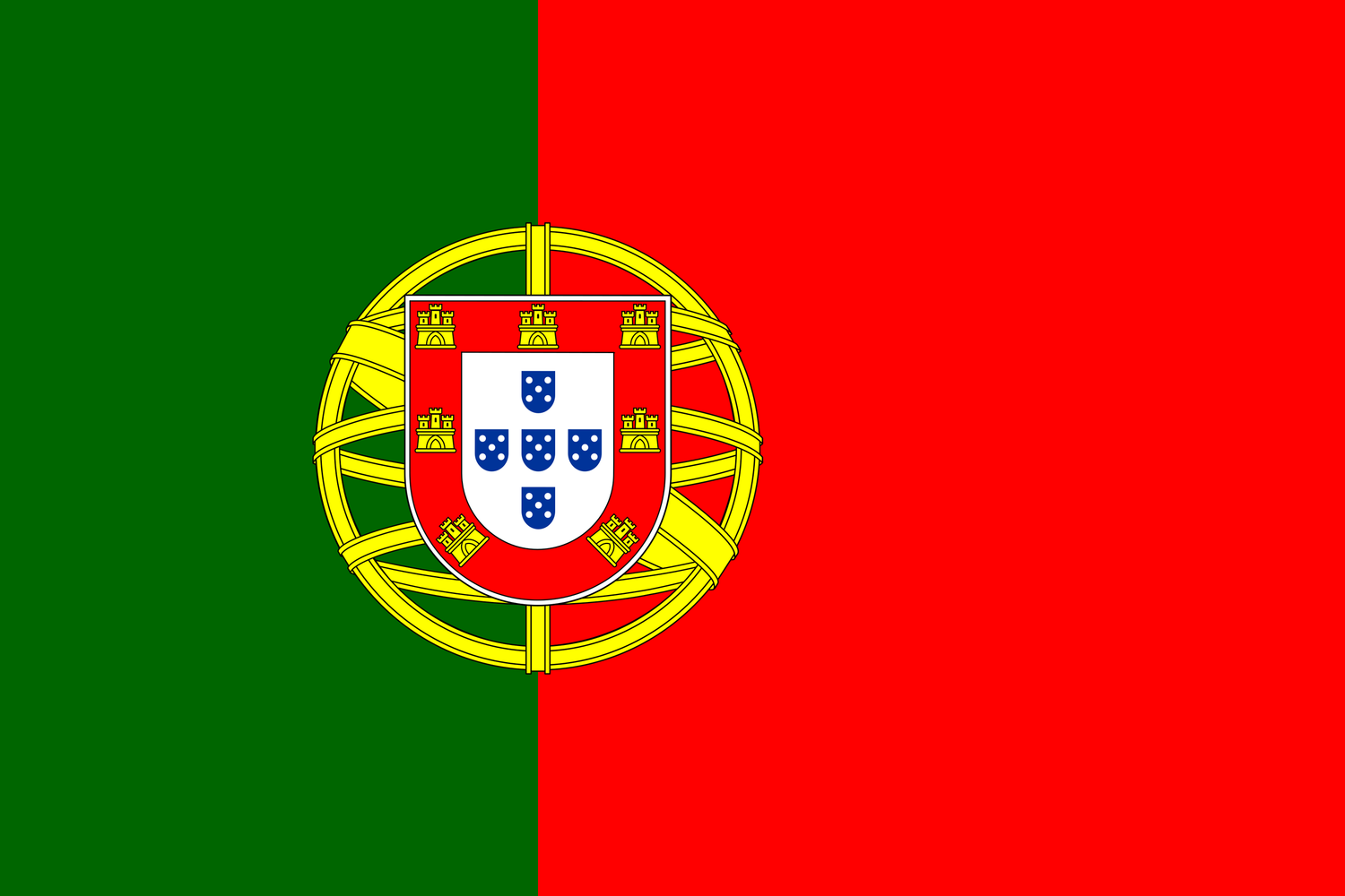 Flag of Portugal featuring green and red vertical bands with the national coat of arms centered on the dividing line.