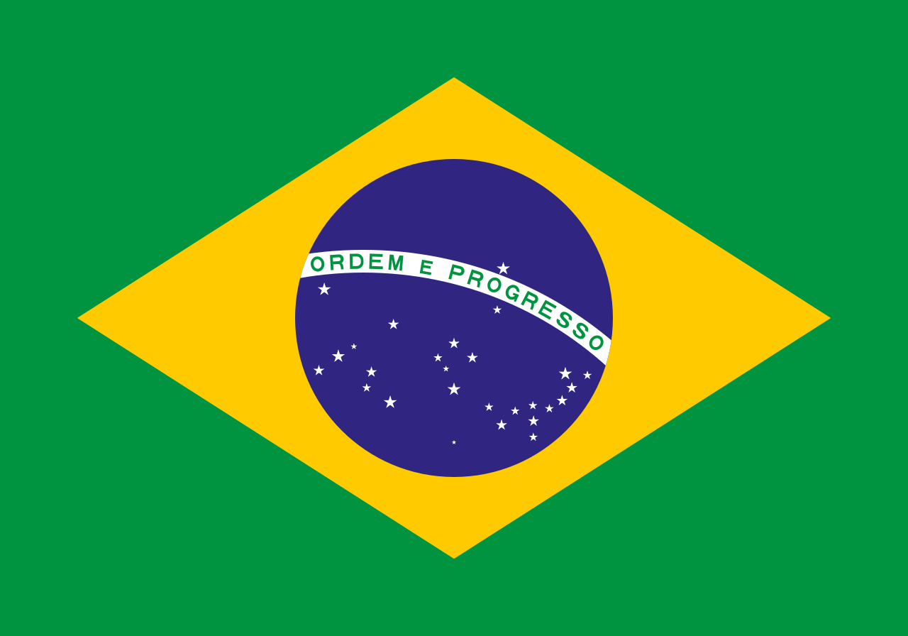 Flag of Brazil featuring green background, yellow diamond, blue circle with stars and 'Ordem e Progresso' banner.