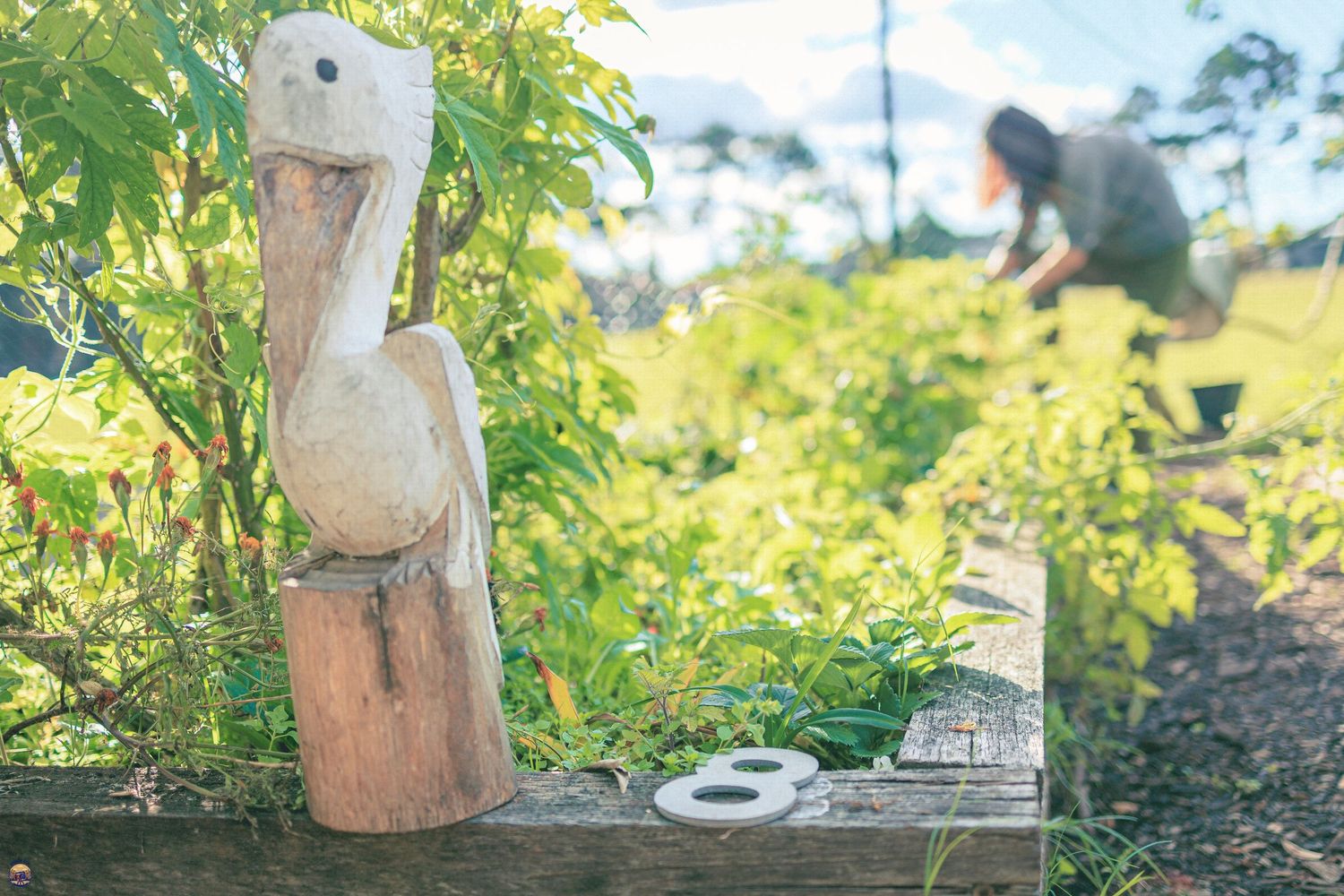 Wooden bird sculpture on the edge of a lush garden bed, with a gardener working among green plants in the background