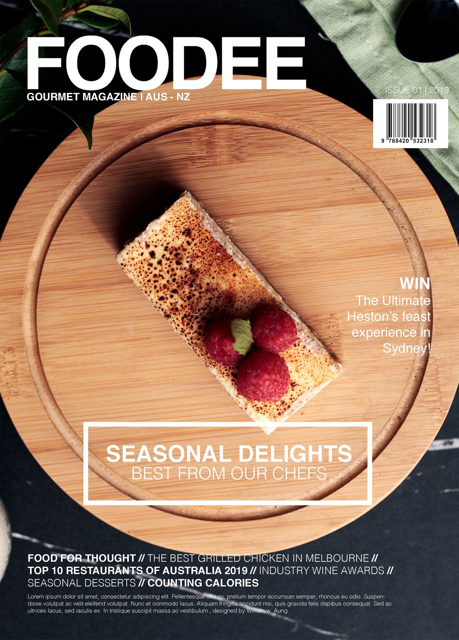 Mock food magazine cover titled ‘FOODEE’, featuring a plated dessert bar on a round wooden board.