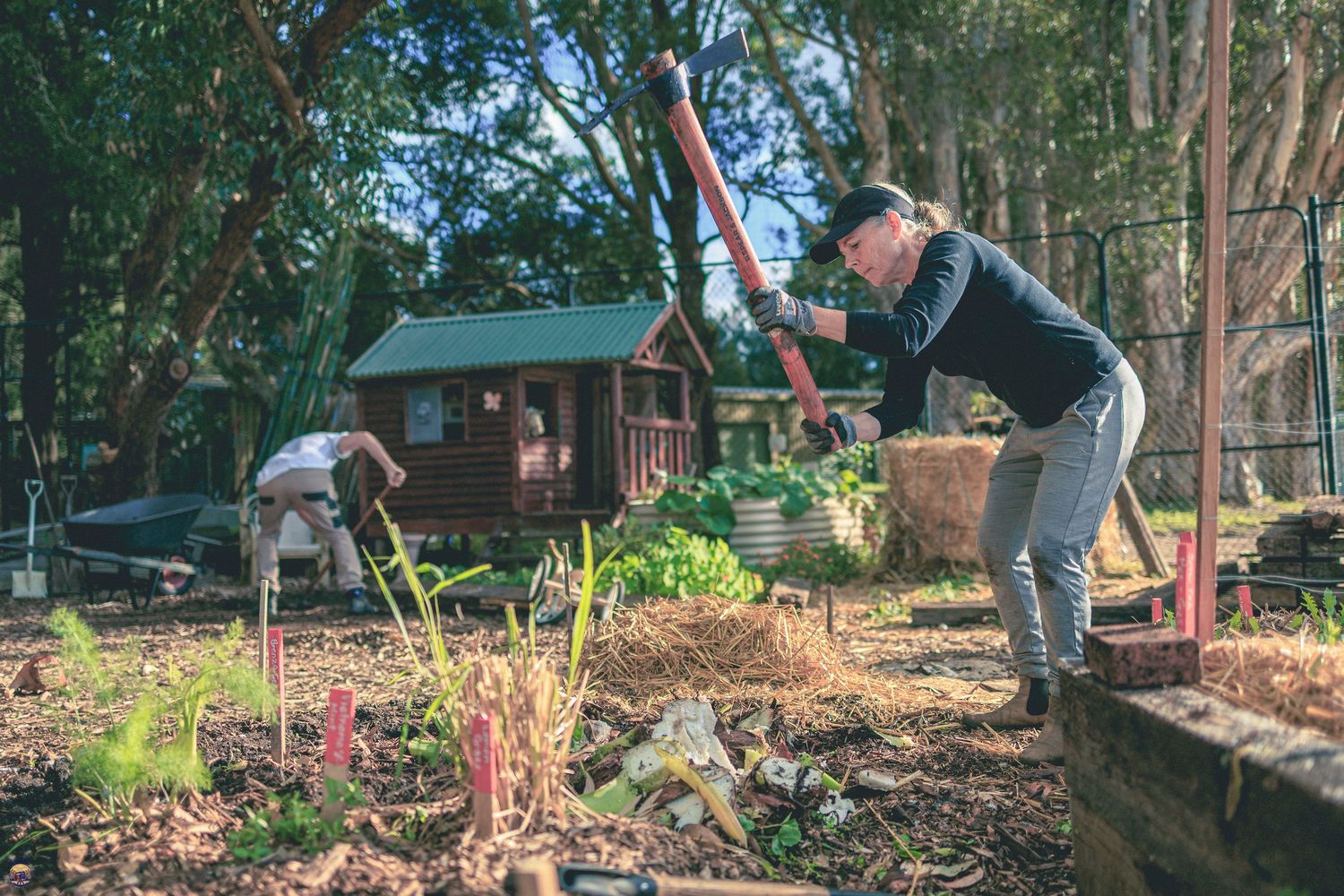 Two people working in a community garden, one hammering stakes into a bed while another tends soil near a small wooden shed.