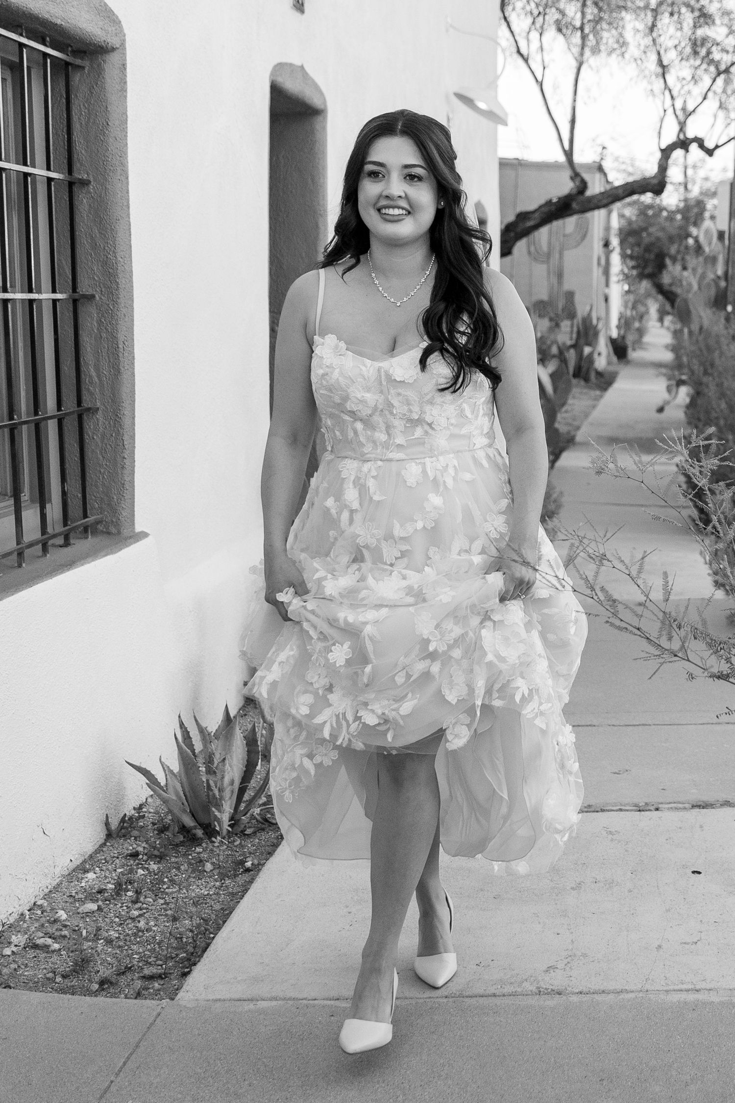 Bride photo walking in Tuscon Barrio Viejo