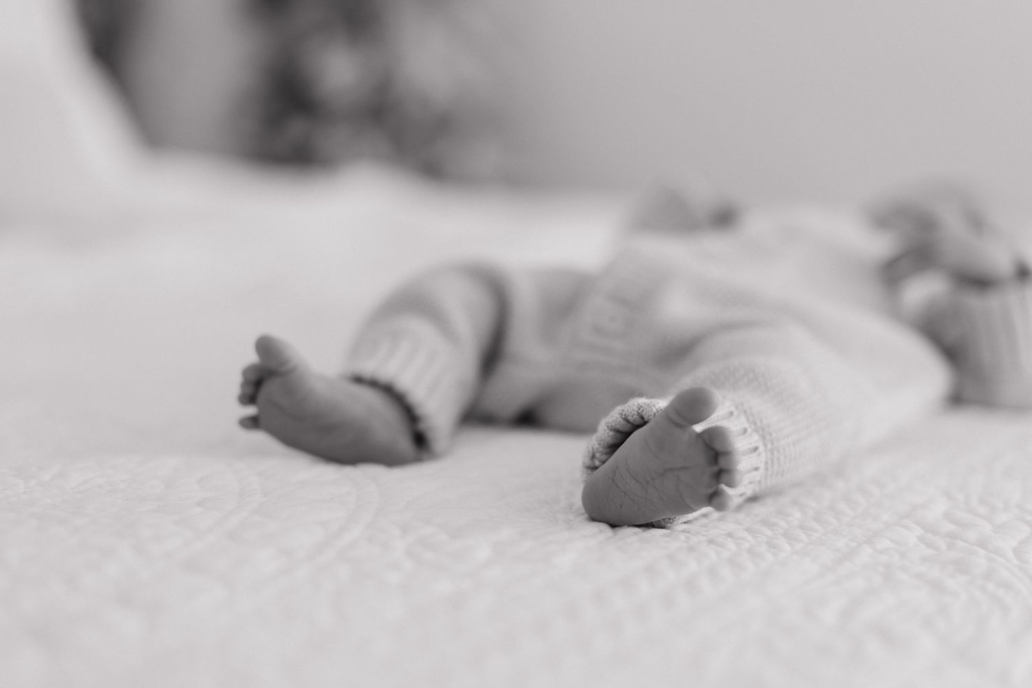 A soft focus black and white close-up of tiny baby feet against a light background.