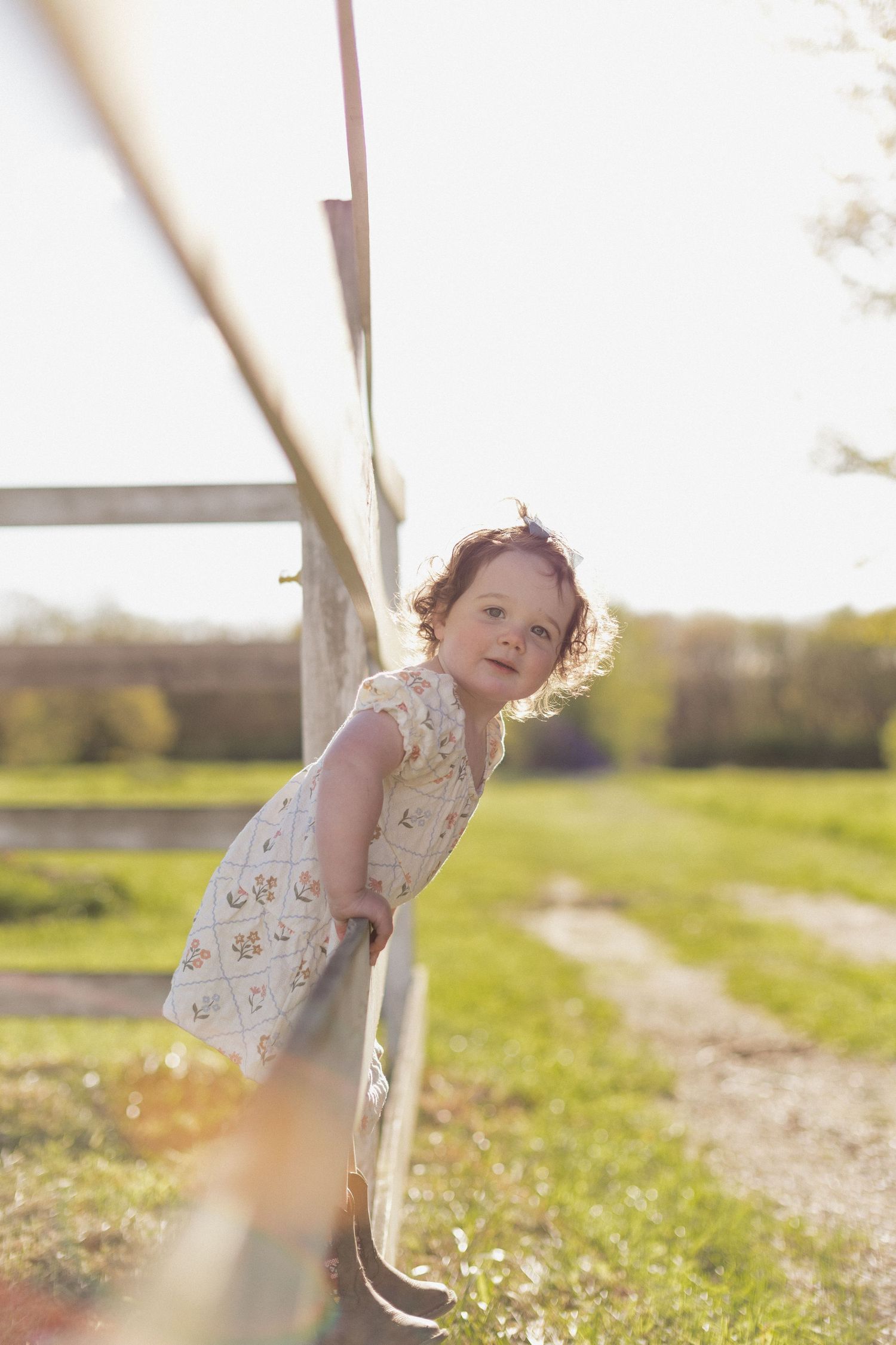 Toddler girl in floral dress playing on farm fence in sunny green field.