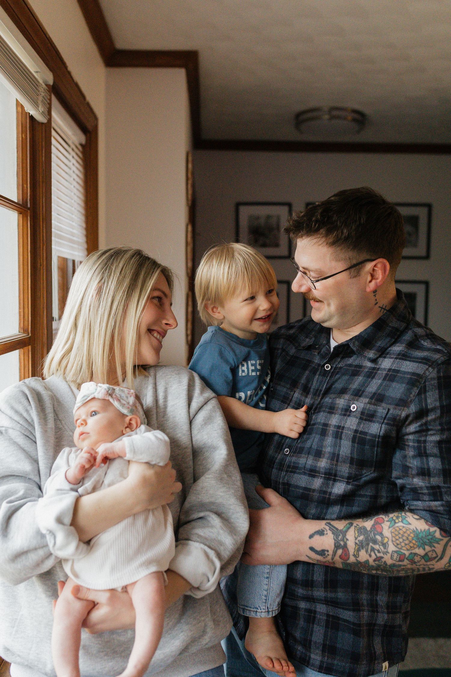 Candid indoor family moments showing affectionate interactions in a series of connected photos.