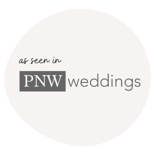 Circular badge reading as seen in PNW Weddings on a soft pink background.