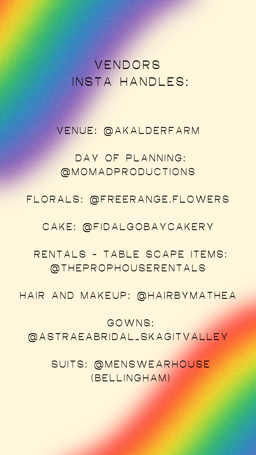 Instagram vendor list displayed on rainbow gradient background showing wedding service providers and their social media handles.