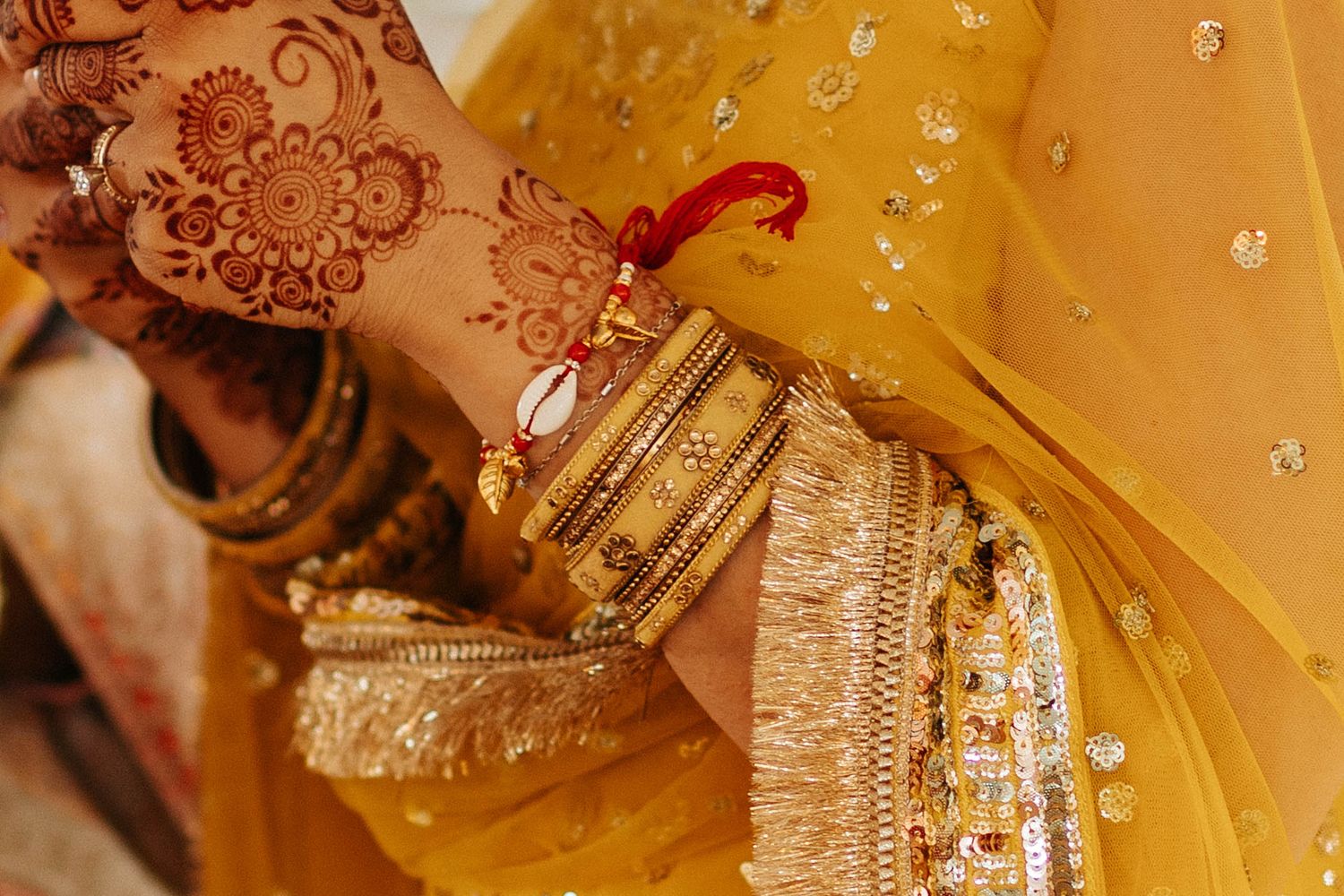 Ornate henna design and golden bangles adorned with sparkles against yellow fabric in traditional Indian wedding attire.